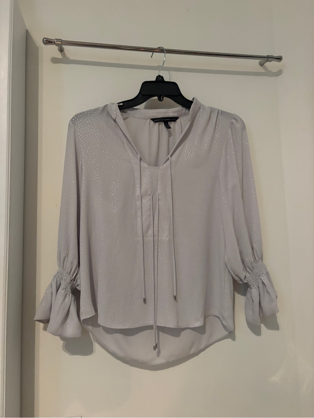 White House Black Market Light Gray Sparkle Tie-Neck Blouse